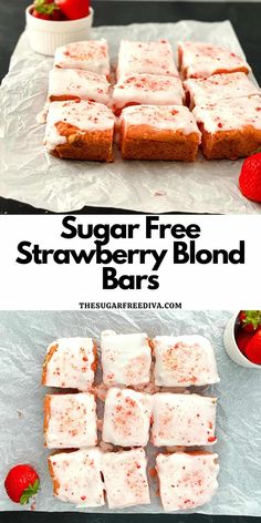 sugar free strawberry blond bars with white frosting and strawberries