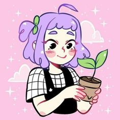 a cartoon girl holding a potted plant in her hands