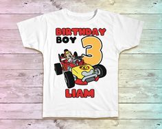 Make your Birthday Celebration special with matching shirts! #Women order size down on the unisex raglans! HOW TO ORDER: +Leave Note personalization section in listing For CHILD Shirts Front Only: +Date Needed By For back of shirt +NAME +AGE +DATE NEEDED By For FAMILY Shirts +NAME (Daddy, Mommy, Grandma, Sister, Brother, Nana, etc) +Date Needed Shipping and Delivery Times 3-5 days to Create your shirt. 3-5 Days in Shipping. Returns There are no returns based on sizing! Please read the sizing cha White Mickey Mouse T-shirt For Birthday, Mickey Mouse Crew Neck T-shirt For Birthdays, Mickey Mouse Crew Neck T-shirt For Birthday, White Mickey Mouse Top For Birthday, Racers Outfit, Roadster Racers Birthday, Mickey Roadster Racers Birthday, Mickey Roadster Racers, Mickey Party