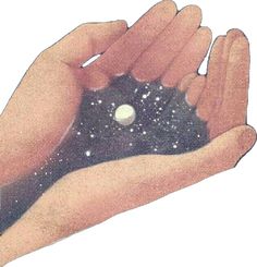 two hands holding something in the air with stars and planets on it's surface