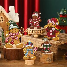 christmas gingerbread cutouts displayed on wooden stand