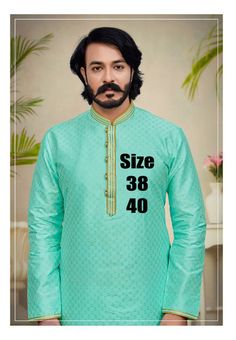 Mens Silk Kurta set. color : light Tirquose green fabric: Silk Sizes available are mentioned on pics.Please mention the sizes when ordering.Sizes: 38,40. Festive Turquoise Long Sleeve Sets, Turquoise Fitted Long Sleeve Sets, Festive Light Green Fitted Sets, Traditional Turquoise Cotton Sets, Green Cotton Long Sleeve Sets, Traditional Light Green Fitted Sets, Fitted Pista Green Sets For Spring, Fitted Pista Green Kurta For Summer, Festive Green Long Sleeve Sets