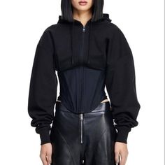 Message Me If You Are Interested In Buying, I Am Open To Offers. H&M Hm X Mugler Corset-Waist Zip-Through Hoodie X-Small This Mugler H&M Corset Waist Hooded Jacket Black Is Designed To Showcase Your Figure With A Corset Waist Featuring Boning For Added Structure. The Mugler H&M Corset Waist Hooded Jacket Black Features A Double-Layered, Adjustable Drawstring Hood And A Front Zipper For Easy Wear. The Mugler Logo Is Printed On One Shoulder, Adding A Stylish And Recognizable Touch. Mugler Corset, Mugler Logo, Mugler 90s, Corset Hoodie, Athleisure Chic, H&m Hoodie, Cable Knit Turtleneck Sweater, Corset Waist, White Knit Sweater