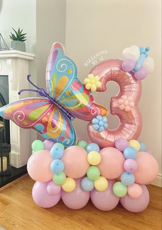 the balloon number is decorated with butterflies and balloons