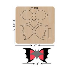 a wooden cutting board with an image of a bat on it and measurements for the cut outs