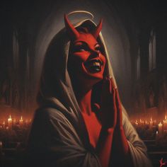 a painting of a devil with horns on it's head and hands in front of candles