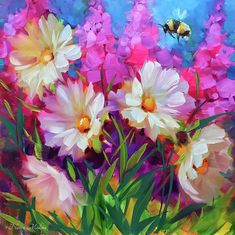 a painting of flowers with a bee flying over them in the air above it is an image of pink and white daisies