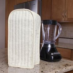 an oven mitt next to a blender on a kitchen counter