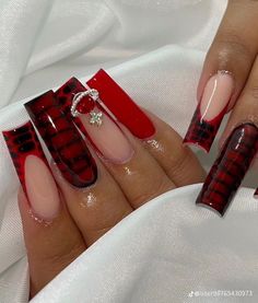 Red And White Nails Black Women, Long Nail Designs Red And Black, Simple Red Acrylic Nail Ideas, Red And Black Nails Medium Length, Black And Red Baddie Nails, Red Bottom Nail Ideas, Red Back To School Nails, Black And Red Croc Nails, Short Red Nails Black Women