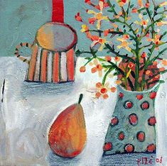 a painting of flowers and fruit on a table