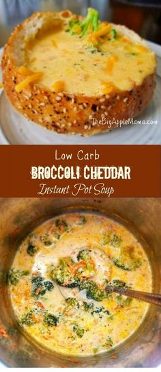 broccoli cheddar instant pot soup in a bowl with bread on the side