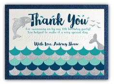 a blue and silver thank card for someone's birthday with a dolphin on it