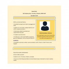 a yellow and black resume with a person's profile on the front page,