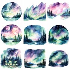 six watercolor paintings of the night sky with stars, trees and moon in them