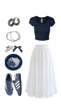 Silver Streamers, Blue Adidas Shoes, Blue Skirt Outfits, Navy Blue Adidas, Modest Girly Outfits, White Skirt Outfits, Rok Outfit, Modesty Outfits, Cute Modest Outfits