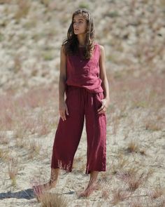 "Linen pants suit. Flax set. Sleeveless tank top and pants. Linen outfit. Wide leg linen pants. Linen blouse. Gauze pants. Linen clothes. Linen set. Burgundy color linen sleeveless tank top and pants with pockets. Women custom color linen outfit. Elegant boho suit. The set is exceptionally comfortable and soft, made from prewashed and softened medium weight natural Lithuanian linen. You can choose from 47 different colors. To have a perfect color match you can always order a linen samples. The l Sleeveless Cotton Pant Set For Summer, Casual Sleeveless Linen Sets, Summer Linen Sets With Straight Pants, Casual Linen Pant Set For Summer, Summer Linen Wide Leg Sets, Summer Linen Loungewear Pant Set, Outfit Wide Leg, Outfits Suit, Linen Pants Suit