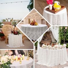 a collage of photos with tables and chairs covered in white tablecloths, flowers and candles