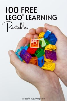 a hand holding a pile of lego blocks with the text, 100 free lego learning printables