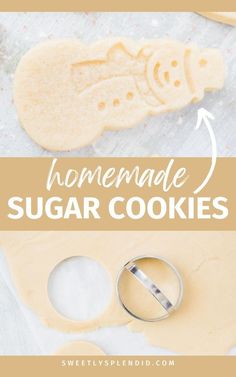 homemade sugar cookies with text overlay that says homemade sugar cookies on parchment paper next to cookie cutters