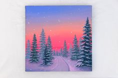 a painting of snow covered pine trees and a road at night with the moon in the sky