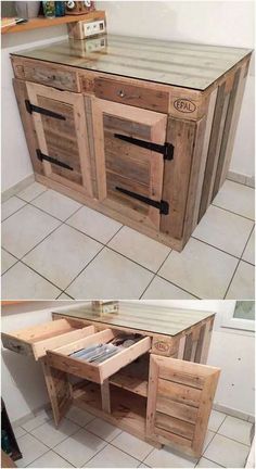 two pictures of the same kitchen island made out of pallet wood and some drawers