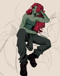 a drawing of a woman with red hair and green skin sitting on top of a plant