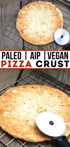 two pizzas sitting on top of a metal rack next to each other with the words paleo app vegan pizza crust