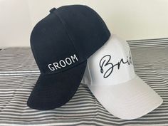 Bride and Groom Hat Set or Individual - Etsy Adjustable Trucker Hat For Wedding, Personalized White Wedding Hat, Wedding Snapback Trucker Hat, Personalized Adjustable Hats For Wedding, Customizable White Wedding Hats, White Curved Brim Baseball Cap For Wedding, Adjustable White Hat For Graduation, Adjustable White Hats For Graduation, Groom Hat