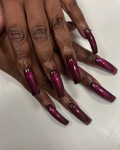 Curved 90s Nails, Dark November Nails, Berry Fall Nails, Burgundy Purple Nails, Maneater Nails, Brown And Purple Nails, November Fall Nails, Red 90s Nails, Demure Nails