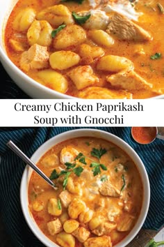 creamy chicken parifkash soup with gnocchini in a white bowl