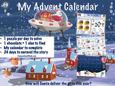 a christmas themed calendar with santa clause on it and other holiday items in the background