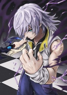 an anime character with white hair and blue eyes holding something in his hand while standing on a checkered floor