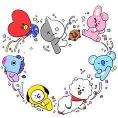 an image of cartoon animals in the shape of a heart with confetti around them