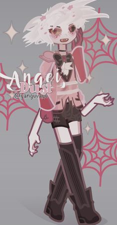 an anime character is walking in front of a spider web background with the caption angel dust