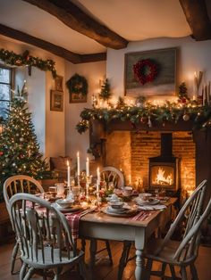 a dining room table is set for christmas dinner with candles and decorations on the mantle