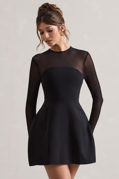 Introducing our rendition of the iconic little black dress, Austen. Keeping it simple, this LBD arrives in a structured silhouette of our premium crepe fabric and boasts long, mesh sleeves. Whether you decide to dress yours up or down, Austen is a versatile piece every wardrobe deserves.Features - Premium stretch crepe- Structured fit - Crew neckline - Long mesh sleeves- Self-covered button closure- Keyhole cut-out- Invisible zip closure- Mini length Sizing & Fit Model is 5'7 and wears UK size 8 Party Simple Outfit, Winter Graduation, Bridal Aesthetic, Structured Dress, Keeping It Simple, Black Velvet Dress, Mesh Sleeves, Streetwear Fashion Women, Stretch Crepe