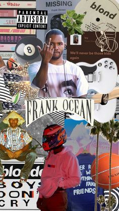 a collage of photos and text with the words frank ocean on it, including an image of a man wearing a helmet