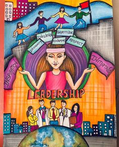 a drawing of a woman surrounded by people and the words'leadership'on it