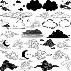 black and white clouds in the sky with sun, moon and clouds above them on a white background