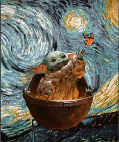 the baby yoda is sitting in a bowl with a butterfly on it's nose