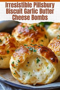 Indulge in these Irresistible Pillsbury Biscuit Garlic Butter Cheese Bombs, a mouthwatering appetizer or snack perfect for any occasion. Fluffy Pillsbury biscuits are stuffed with gooey melted cheese, brushed with savory garlic butter, and baked to golden perfection. These cheesy delights are easy to make and guaranteed to impress at parties, game nights, or as a quick family treat! Soup Biscuits Easy Recipes, Stuffed Pillsbury Biscuit Recipes, Teenager Food Ideas, Trending Appetizers 2024, Pilsbury Biscuit Ideas, New Years Finger Foods, Savory Party Snacks, Savory Snacks Easy Quick, Easy Gluten Free Appetizers