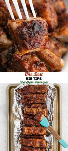 ribs are being cooked on foil with tongs in the middle and another photo is showing how to cook them