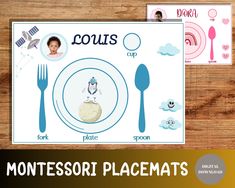 the montessori placemats are displayed on a wooden table with utensils