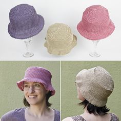 three different hats are shown with the same woman's hat on top and bottom