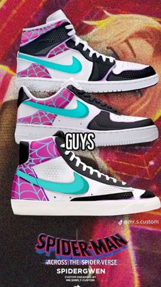 Custom Jordan Shoes, Marvel Shoes, Custom Sneakers Diy, Miles Spiderman, Preppy Shoes, All Nike Shoes, Cute Nike Shoes, Gwen Stacy, Spider Gwen