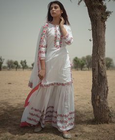 White Sharara Suit Set with Peach and Grey Embroidery White Designer Dresses, White Sharara Suit, White Sharara, Grey Embroidery, Embroidered Sharara, Sharara Designs, Latest Dress Design, Sharara Suit, Cotton Kurti Designs