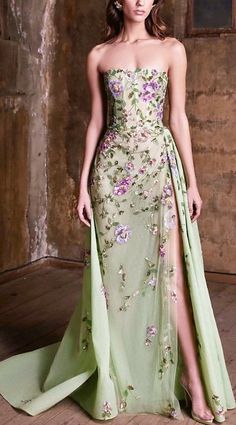 Enchanted Forest Theme Outfit For Women, Blue And Green Floral Dress, Rapunzel Aesthetic Dress, Dresses For Pale Skin, Florist Aesthetic Outfits, Rapunzel Prom Dress, Fun Prom Dresses, Nature Inspired Dress, Garden Prom Dresses