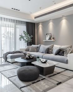 Grey Modern Sofa Living Room, Gray White And Black Living Room, Gray Black White Living Room, Black Gray And White Living Room, White And Gray Home Decor, Gray And Cream Living Room, Grey Sofa Ideas, Grey Home Interiors, Modern Grey Living Room Ideas