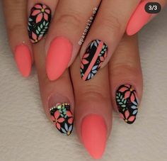 Coral And Black Nails, Havana Nails, Mexico Nail Ideas, Mexico Inspired Nails, Summer Nails Art Designs, Vibrant Nail Designs, Summer Nails Short, Acrylic Nails Summer, Mexican Nails