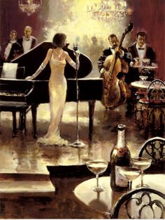 a painting of a woman in a white dress at a piano with other people around her